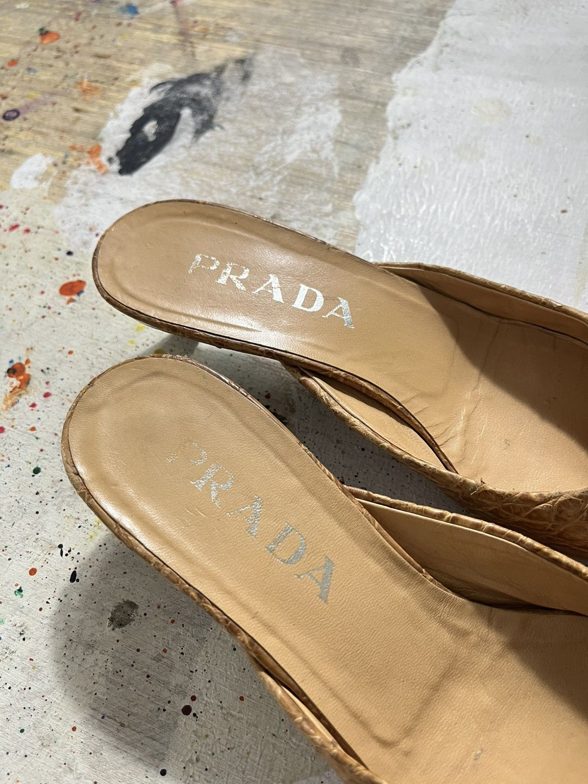 Prada Prada Tan Leather Crocodile Pattern Mules Size US 7 / IT 37 - 4 Thumbnail