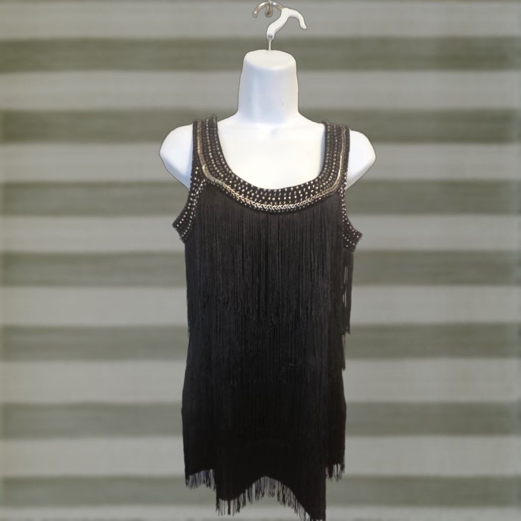 Vintage VINTAGE Cache Beaded Fringe Sleeveless Top Blouse Shirt Camisole S Black Women's 90s/Flapper Glam Party/Cocktail Size S Size S / US 4 / IT 40 - 1 Thumbnail
