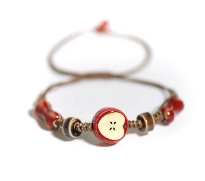 Jewelry Handmade Apple Ceramic Bracelet Adjustable Woven Cord Size ONE SIZE - 3 Thumbnail