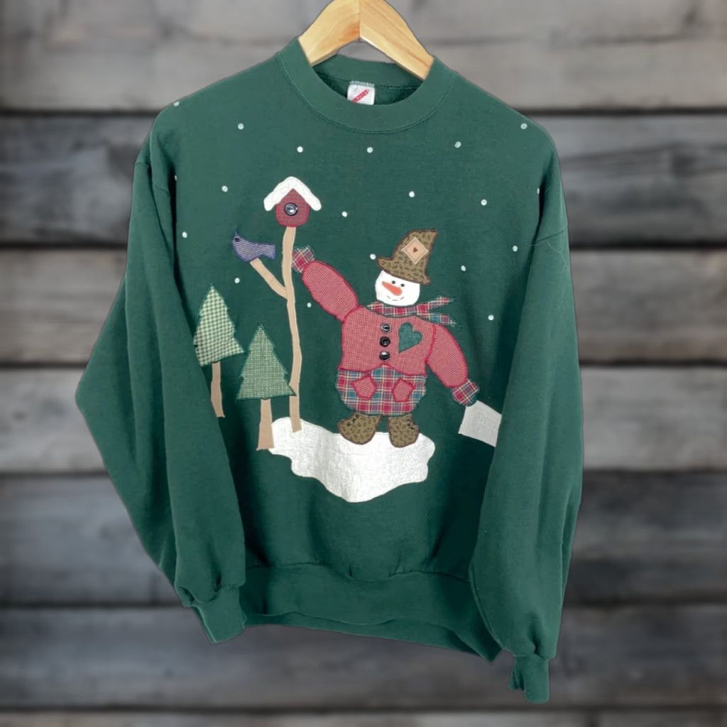 Jerzees VINTAGE Jerzees Sweatshirt 90s Snowman Applique Dark Green XL Adult Womens Pullover Crew Neck 50/50 Cotton Polyester Size XL / US 12-14 / IT 48-50 - 1 Thumbnail