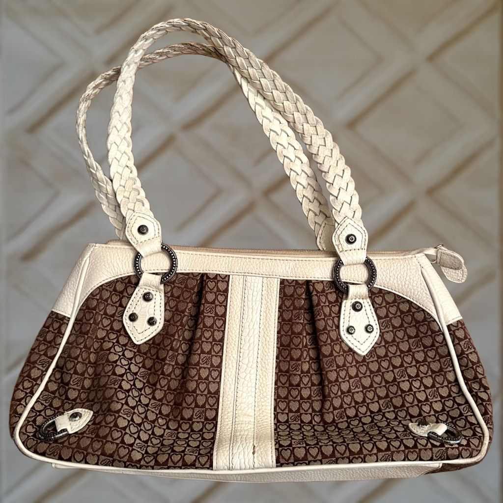 Brighton VINTAGE Brighton Handbag Hearts Leather White Trim Purse Satchel Bag D638910 Size ONE SIZE - 1 Thumbnail