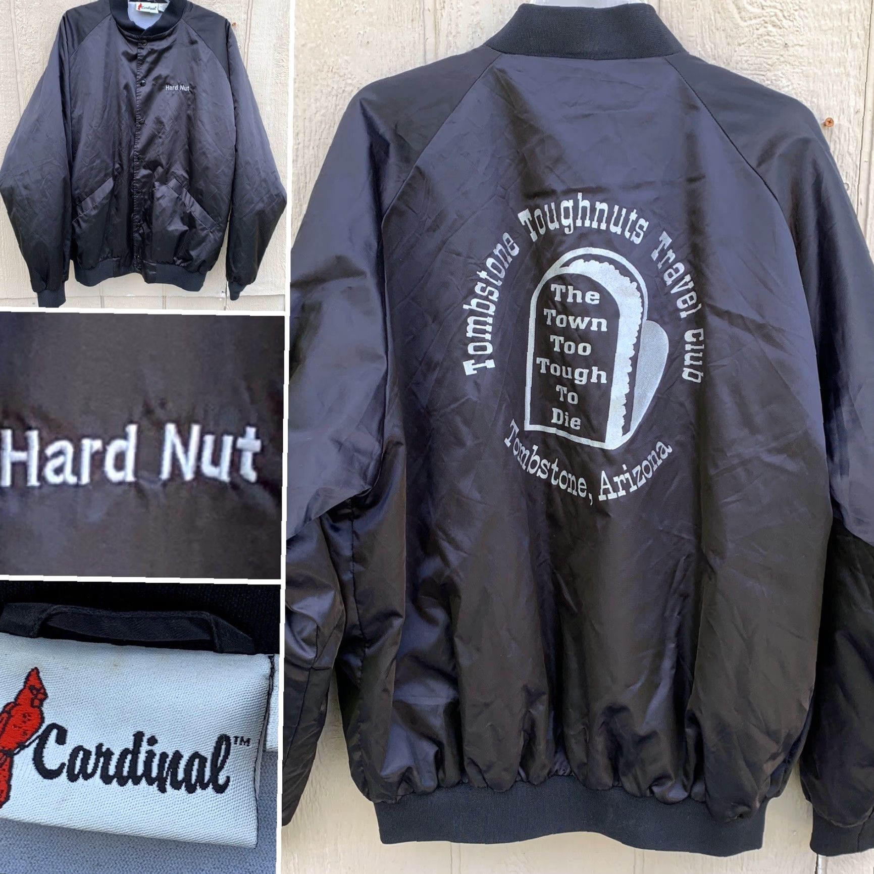 Vintage VINTAGE Tombstone Toughnuts Travel Club Tombstone Arizona Satin Jacket Bomber Hard Nut XL Black Cardinal Satin Jacket Sportswear/Beach 1990s Mens io? Size US XL / EU 56 / 4 - 2 Thumbnail