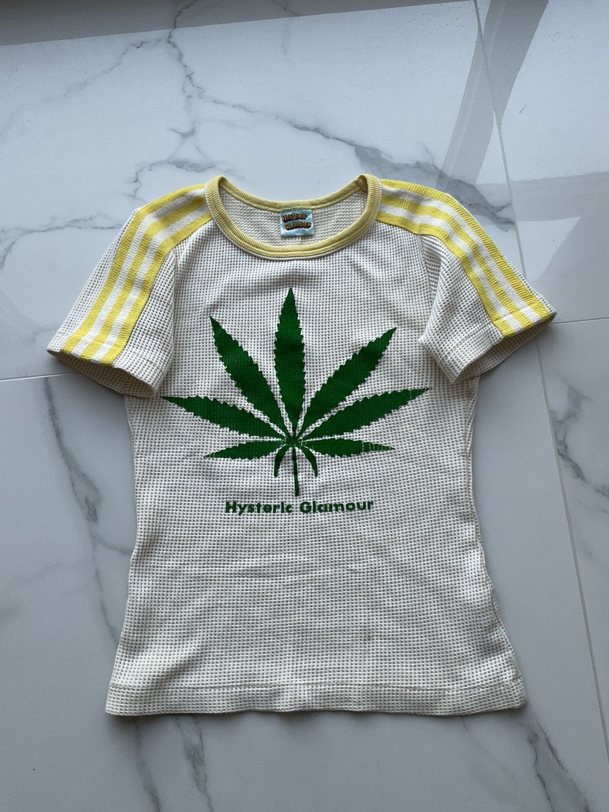 image of Hysteric Glamour Leaf Logo Striped Top in Yellow, Women's (Size Small)