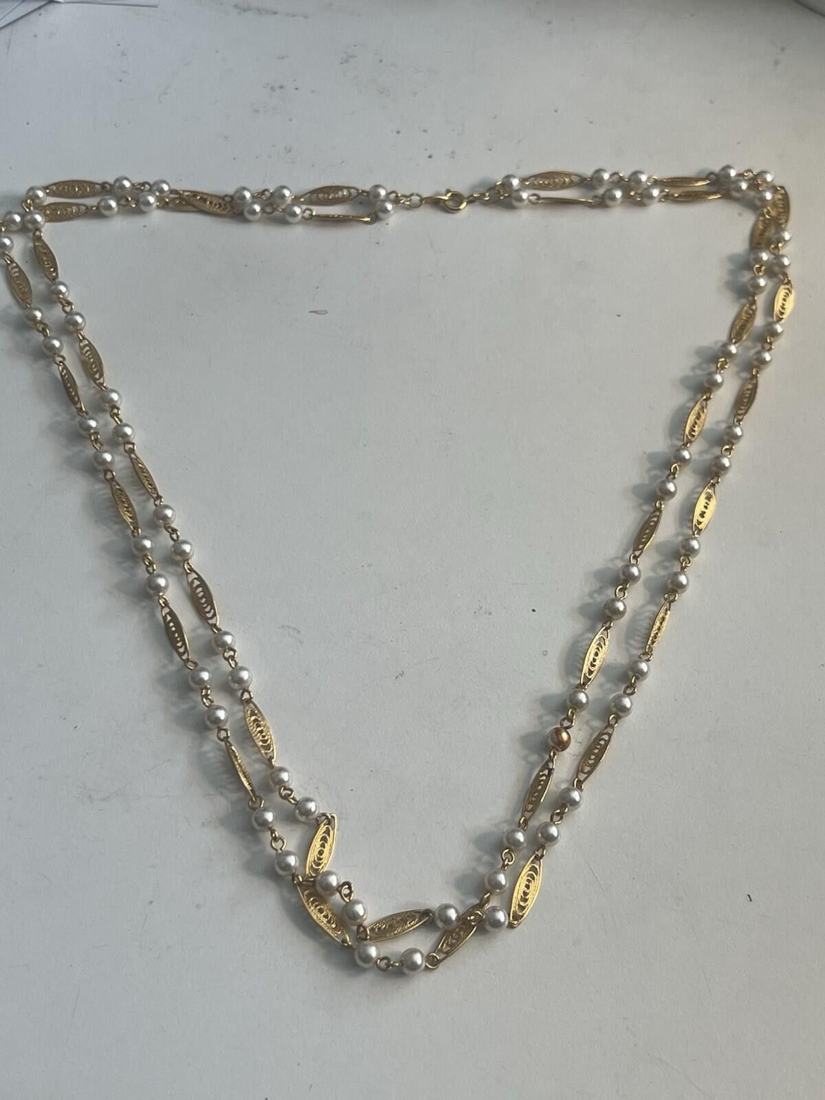 Other vtg Trifari Stamped Gold Tone Faux Pearl Necklace Double Han Size ONE SIZE - 1 Thumbnail