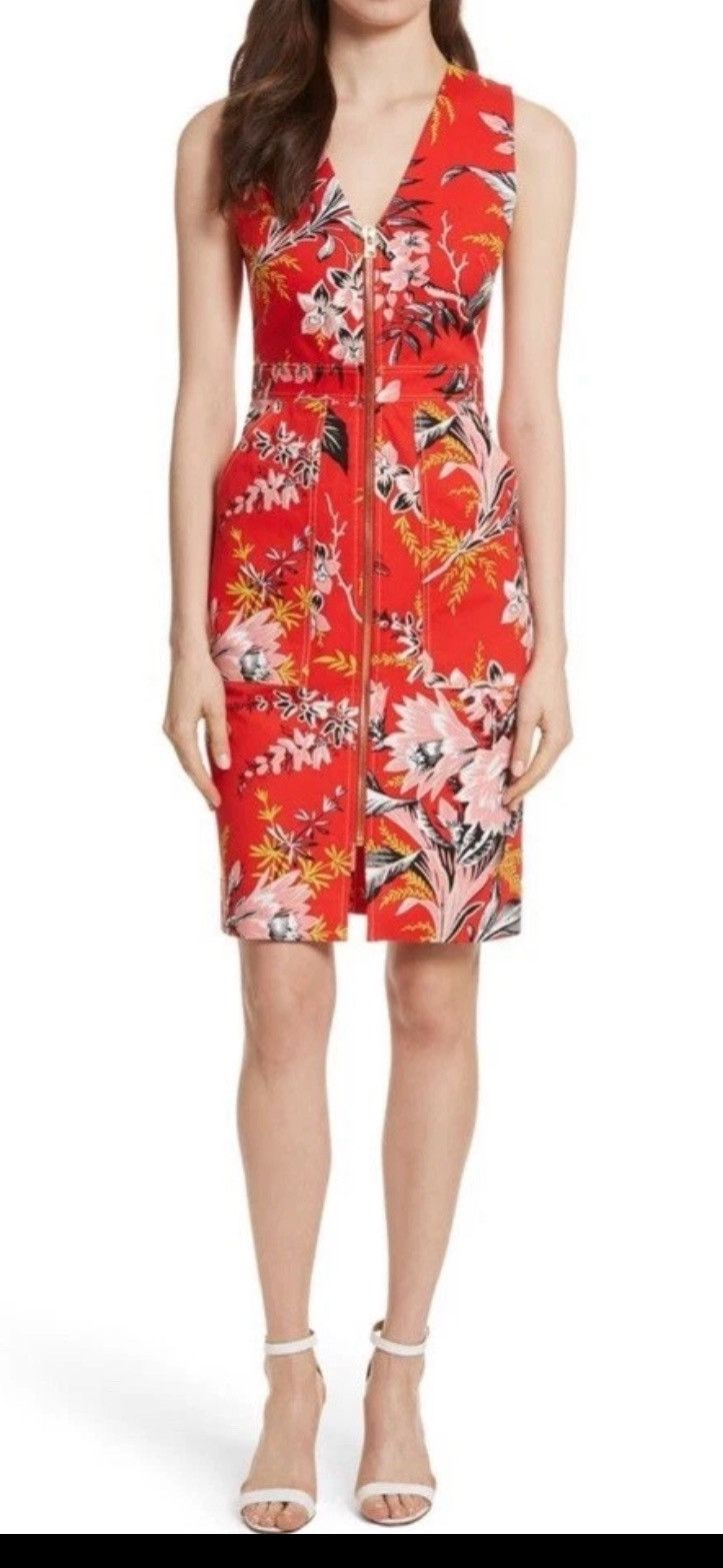 Diane von Furstenberg DVF Red Floral Zip Front Sheath Dress Sz 6 Cotton Stretch Size M / US 6-8 / IT 42-44 - 2 Thumbnail