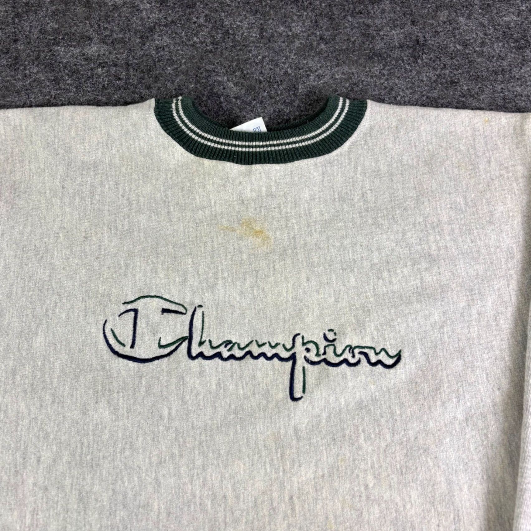 Champion VINTAGE Champion Sweatshirt XX-Large Gray Green Trim Logo Spell Out Crew Neck Long Sleeve Ribbed Preshrunk Logo Embroidered College Reverse Weave Men Size US XXL / EU 58 / 5 - 7 Thumbnail