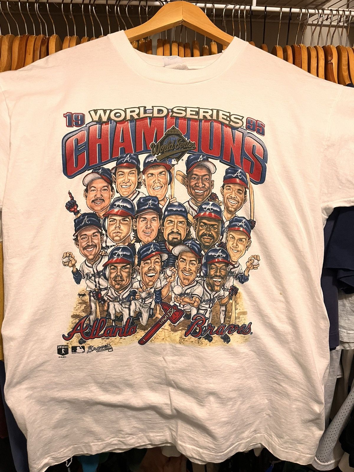 Image of Vintage 1995 Braves World Series Caricature Shirt in White, Men's (Size XL)