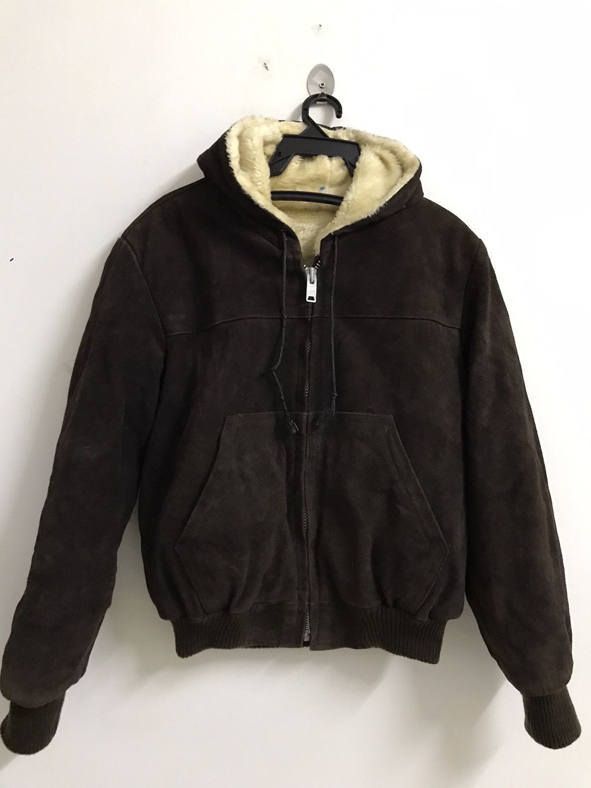 Vintage Suede Leather Lined Sherpa Hoodie Jacket