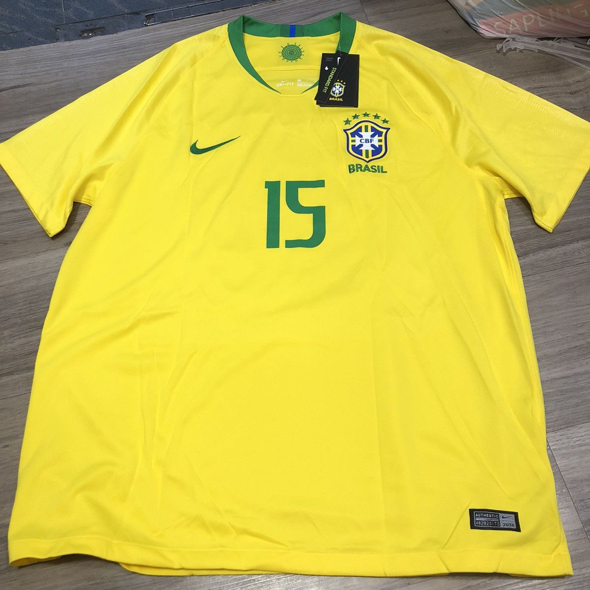 image of Nike x Soccer Jersey Brazil 18/19 Home Shirt 15 Paulinho in Yellow, Men's (Size XL)