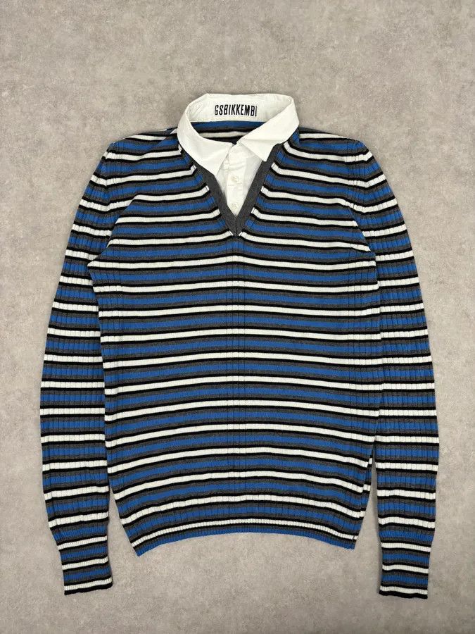 Dirk Bikkembergs 2000s Bikkembergs Blue Striped V-Neck Sweater Wool Collar Size US M / EU 48-50 / 2 - 1 Thumbnail