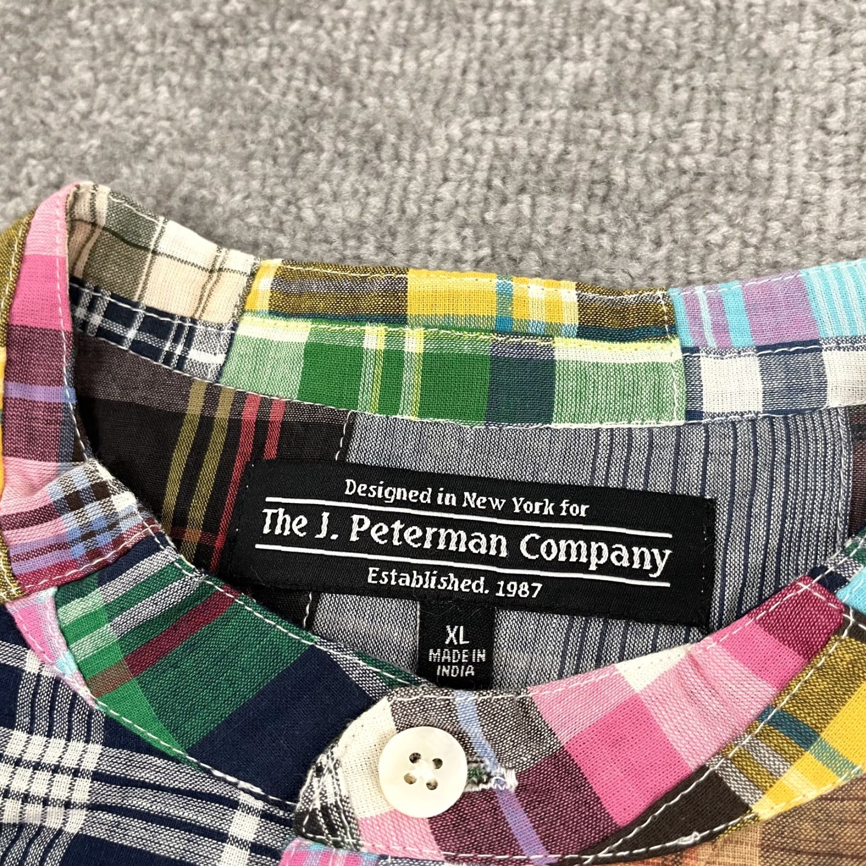 Vintage J. Peterman Shirt Mens XL Madras Plaid Patchwork Button Up Band Collar Preppy Size US XL / EU 56 / 4 - 2 Thumbnail