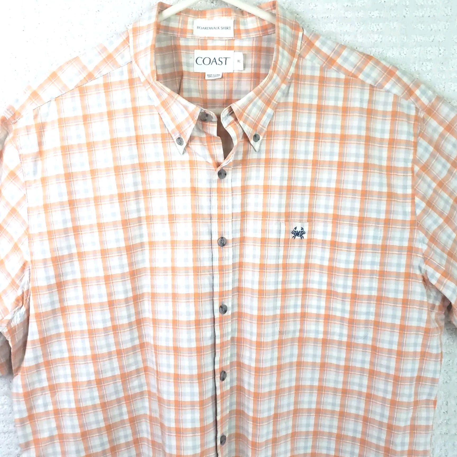 Vintage Coast Shirt Mens XL Orange White Plaid Button-Up Short Sleeve Coastal Boardwalk Crab Logo Pocketed Breathable Cotton Blend Regular Fit Size US XL / EU 56 / 4 - 2 Thumbnail