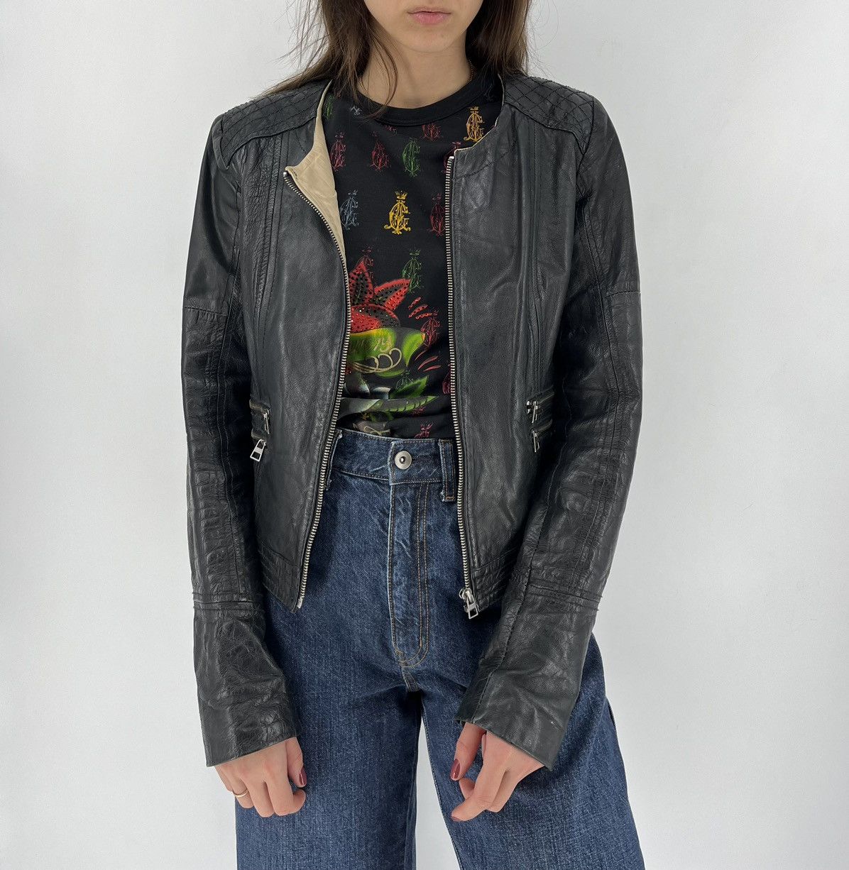 Bershka Bershka Black Authentic Leather Fitted Motorcycle Jacket Size M / US 6-8 / IT 42-44 - 1 Thumbnail