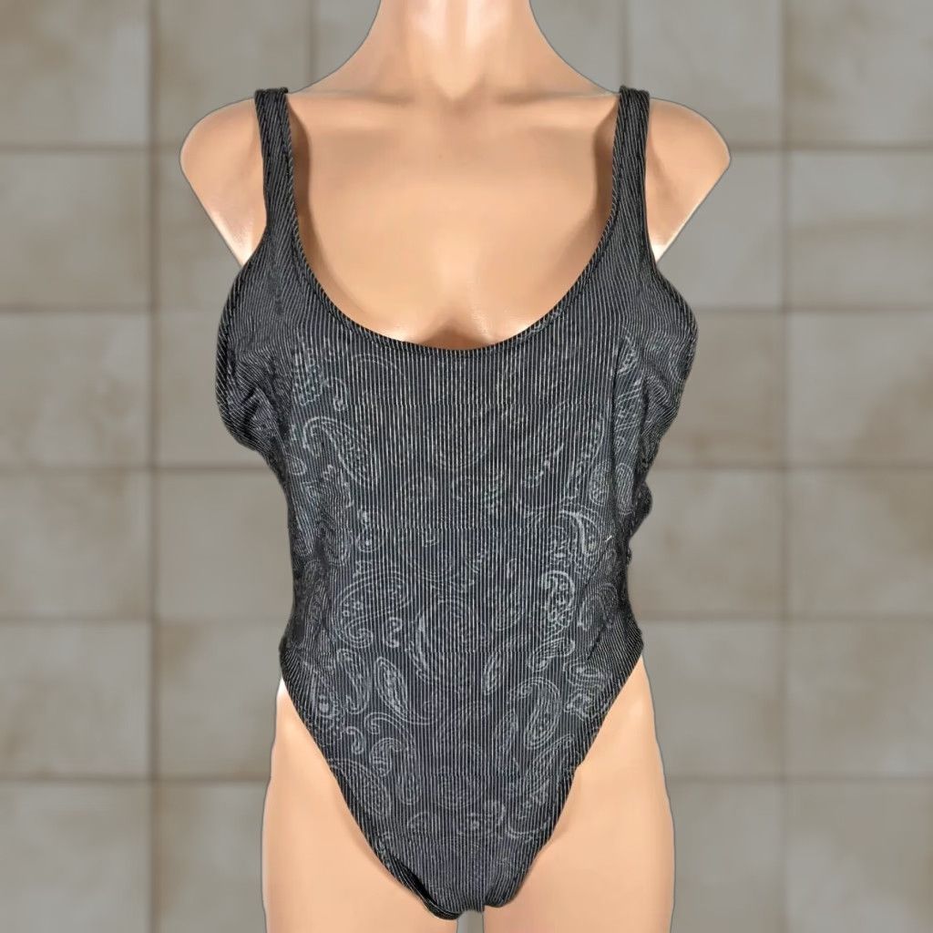 vintage Mossimo brand High Cut 90s y2k one piece bathing suit Top Tank Black Solid Paisley Low Back Backless USA MADE 2 Piece Bikini