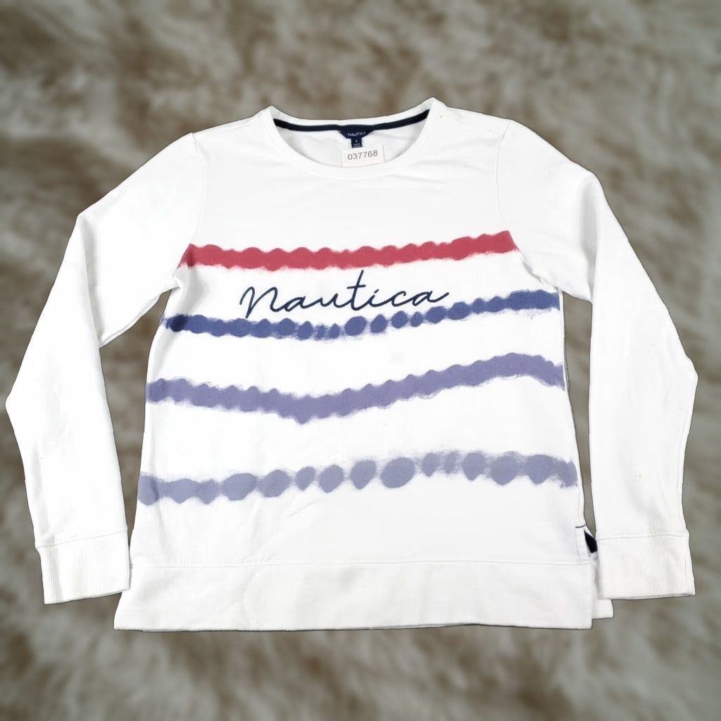 Nautica Nautica Striped Pullover Sweater Womens Small White Cotton Fleece Crew Neck Long Sleeve Size S / US 4 / IT 40 - 1 Thumbnail