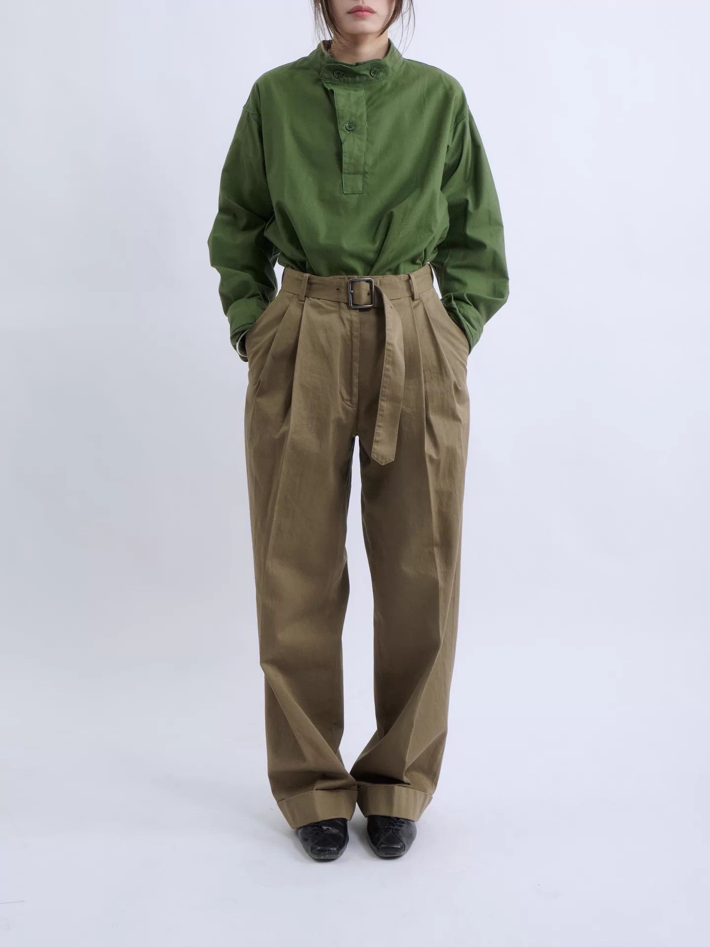 Dries Van Noten DVN 00s Morocco-made Khaki High-Waist Belted Wide-Leg Pants Size 24" / US 00 / IT 34 - 1 Thumbnail