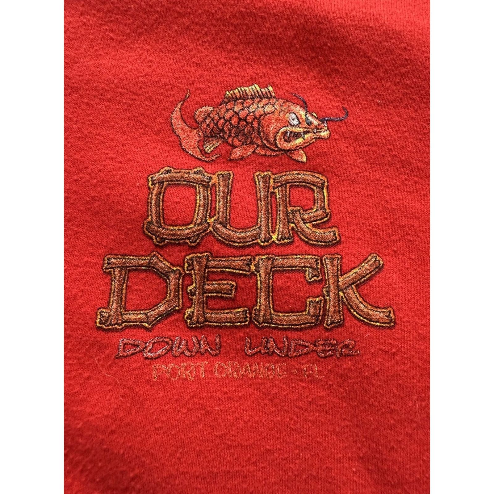 Gildan Hoodie Mens Large Red Full Zip Graphic Port Orange FL Fishing Our Deck Down Under Size US L / EU 52-54 / 3 - 7 Thumbnail