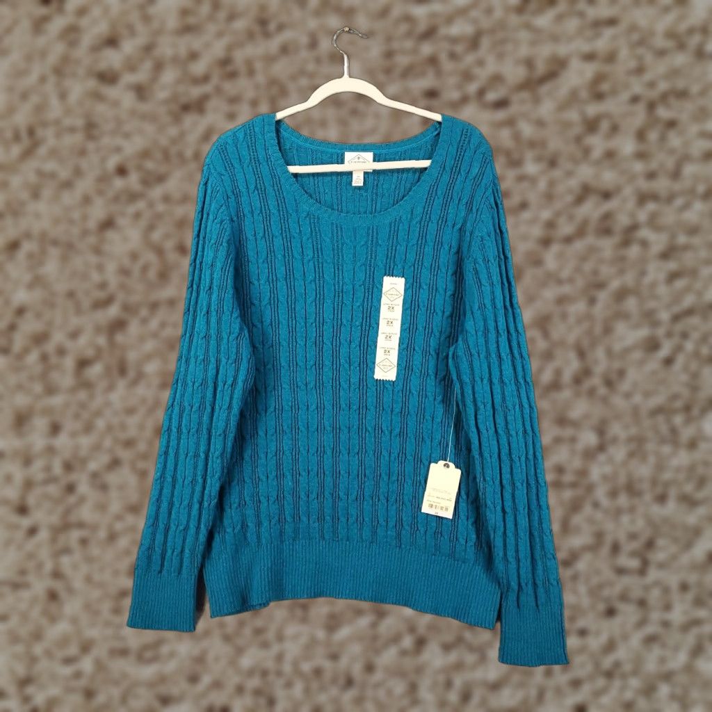 Vintage New Womens Sweater Size 2X Blue Cable Knit Chunky Long Sleeve Pullover NWT Size XXL / US 16-18 / IT 52-54 - 1 Thumbnail