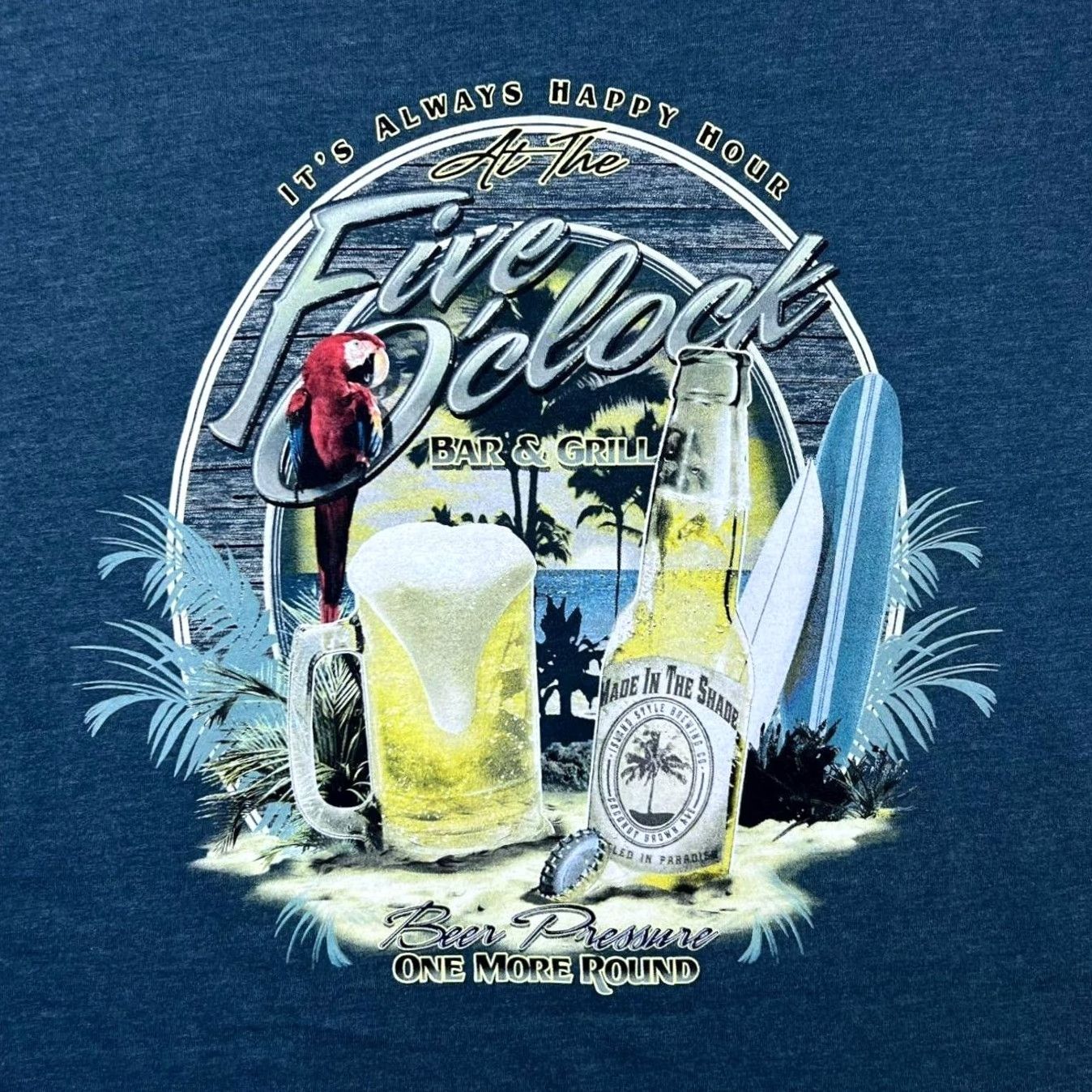 Vintage Five O'Clock Bar & Grill “One More Round” Souvenir Tourist Graphic T-Shirt XXL Blue Mens Short Sleeve Logo Print Size US XXL / EU 58 / 5 - 4 Thumbnail