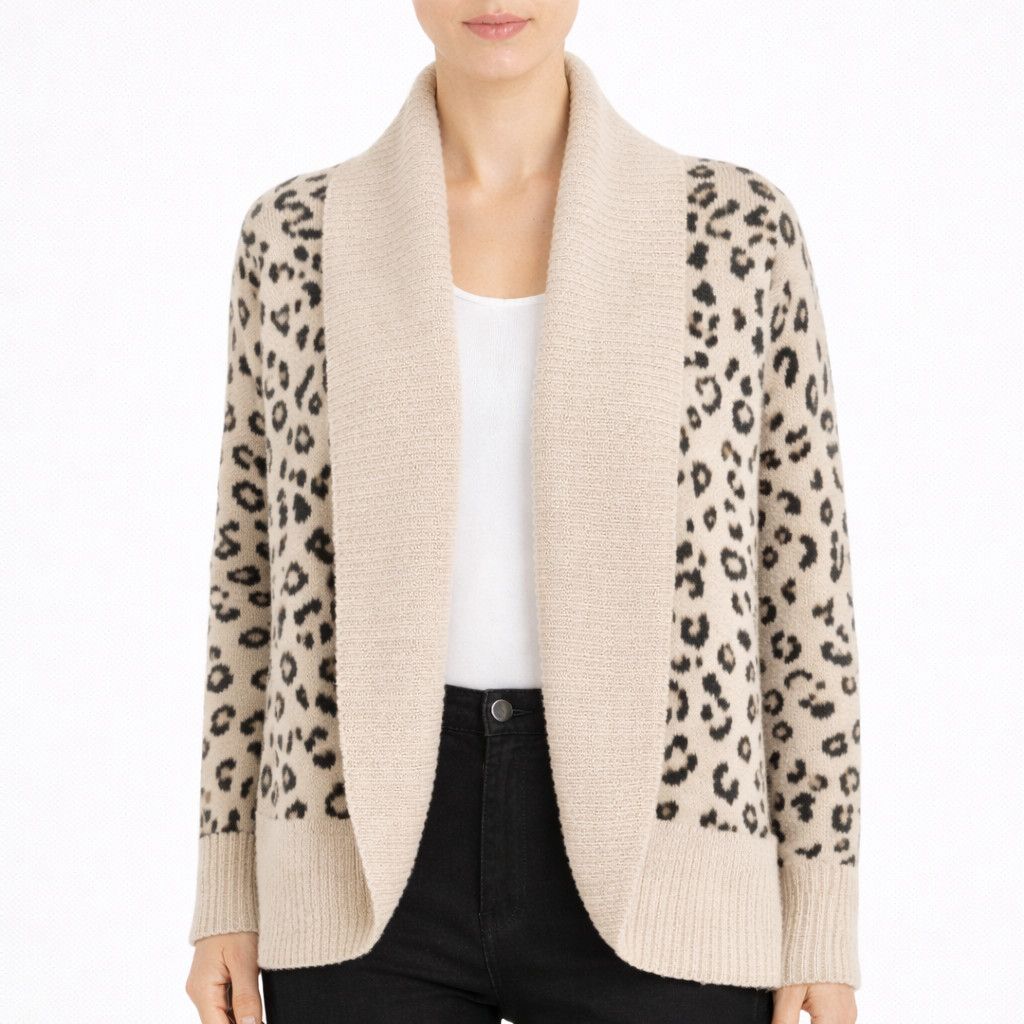 Leopard Shawl Collar Open Front Cardigan Fall Winter Spring