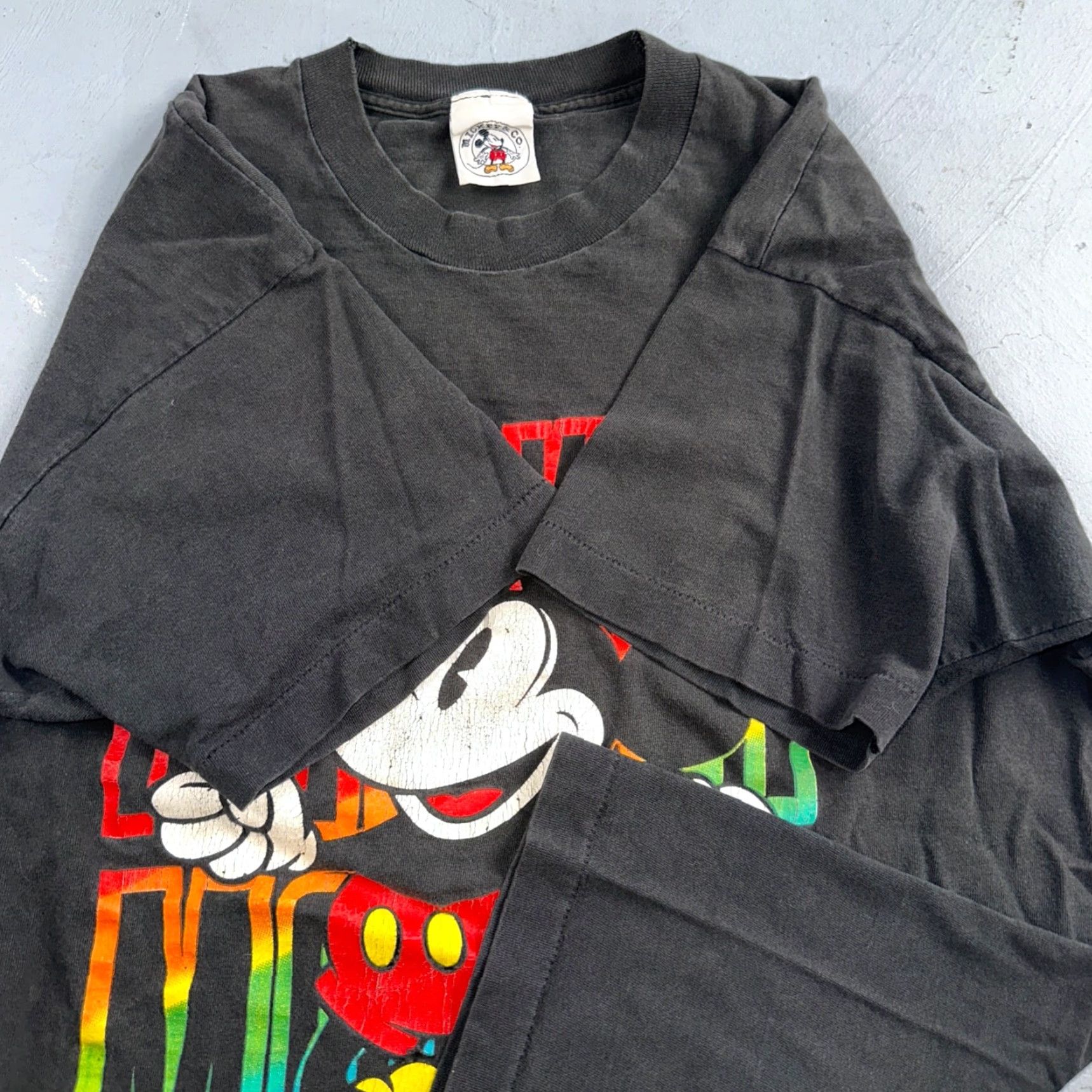 Disney VINTAGE Disney Mickey Mouse T-Shirt Men XL Black Crew Neck Short Sleeve 90s Rainbow Neon Big Print Single Stitch Graphic Pattern Gift Size US XL / EU 56 / 4 - 4 Thumbnail