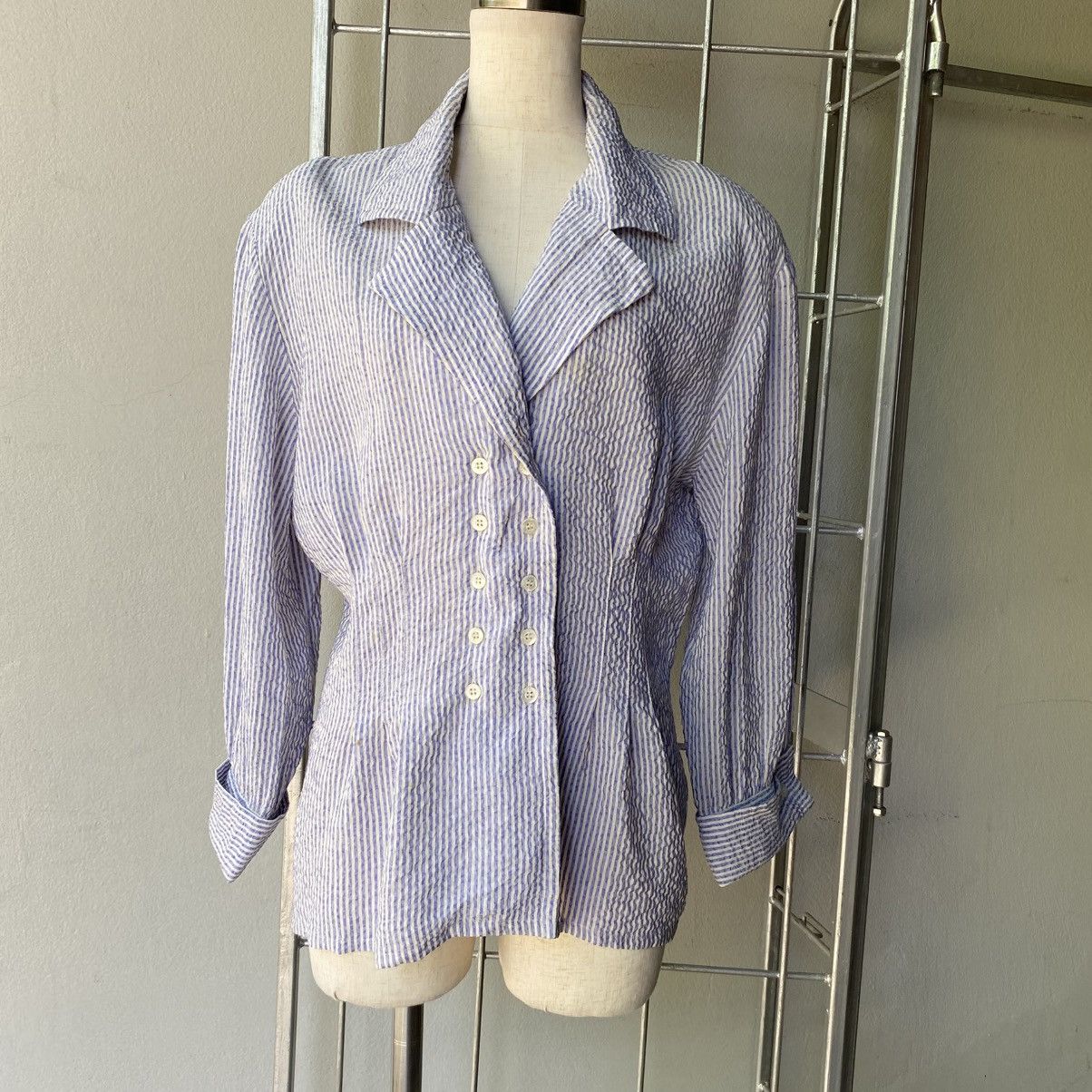 Celine CELINE Blue & White Striped Textured Blazer Shirt Size M / US 6-8 / IT 42-44 - 1 Thumbnail