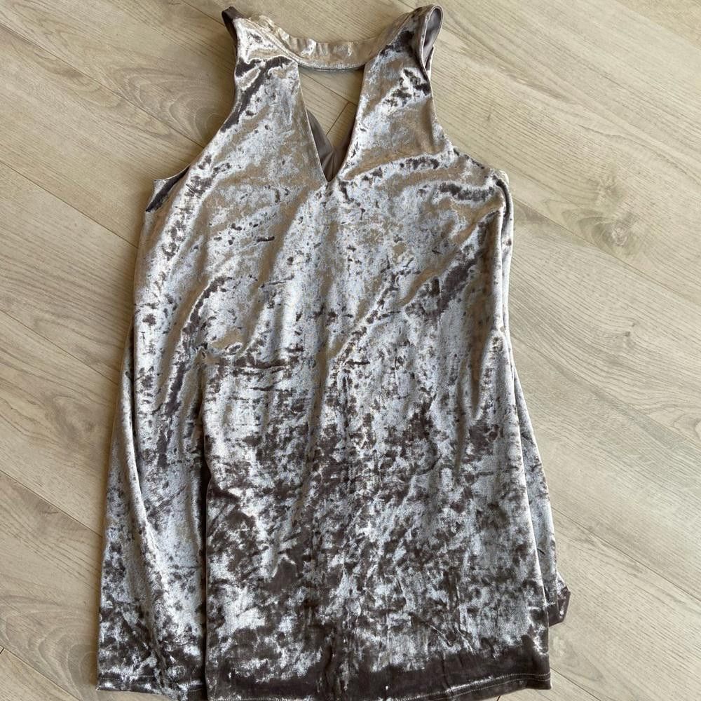 Designer DO + BE Silver Velvet Shift Dress with Cutout Size L / US 10 / IT 46 - 1 Thumbnail