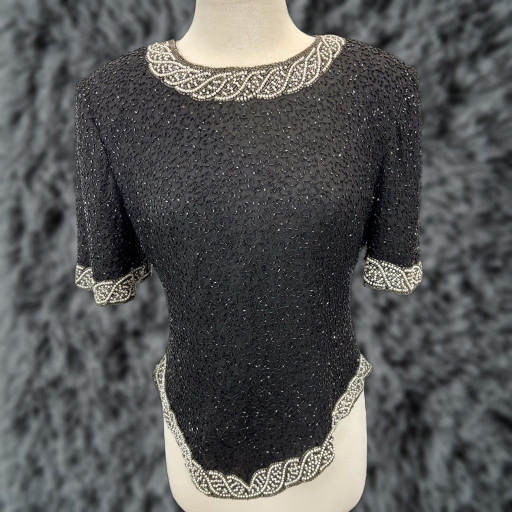 X-LARGE VINTAGE Laurence Kazar Beaded Top Shirt PXL Petite Black Silk Eveningwear 1990s Formal Womens Size XL / US 12-14 / IT 48-50 - 1 Thumbnail