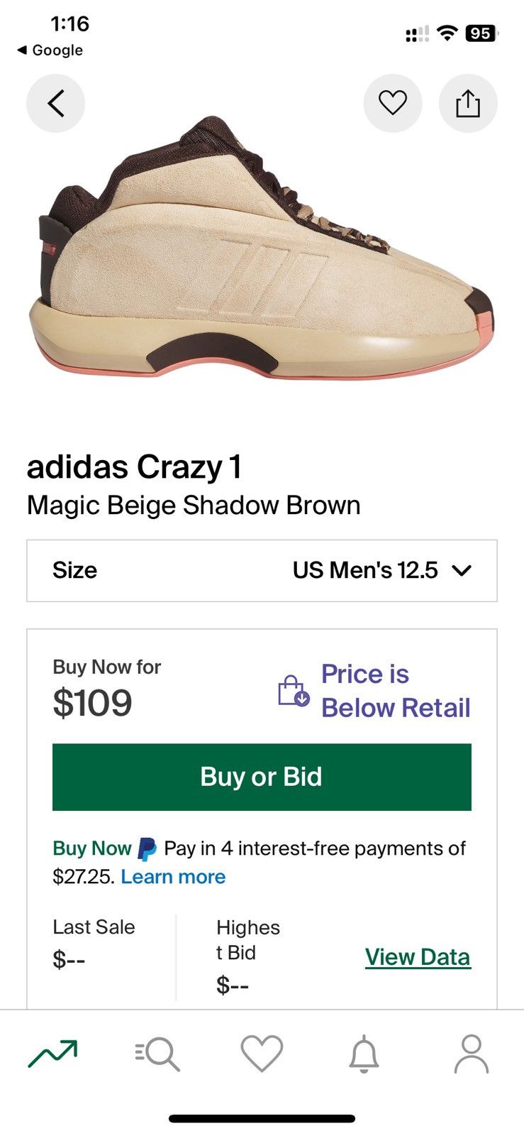 Adidas Crazy 1 Magic Beige (Kobe’s) Size US 12 / EU 45 - 10 Thumbnail