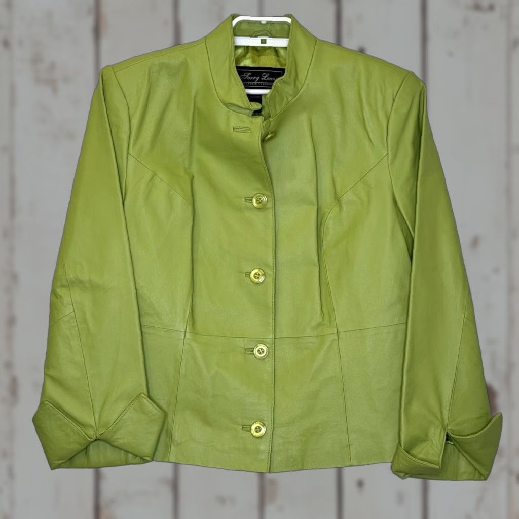 Vintage Terry Lewis Womens Leather Jacket Size Medium Green Button Front Roll Cuff Lined Jacket Size M / US 6-8 / IT 42-44 - 1 Thumbnail