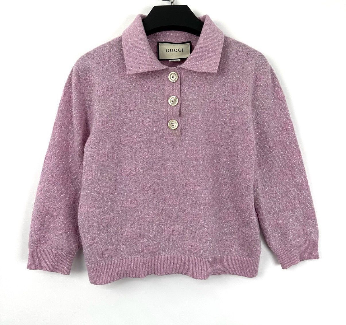 Gucci Gucci/Pink Double G All-Over Print Glitter Polo Knit Top K12 Size S / US 4 / IT 40 - 1 Thumbnail