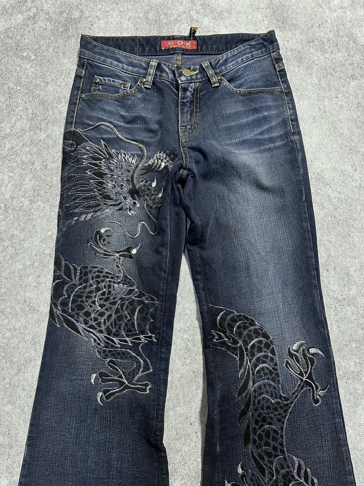 If Six Was Nine Japanes C.O.X Embroidery Dragon Flared Jeans Size US 28 / EU 44 - 3 Thumbnail