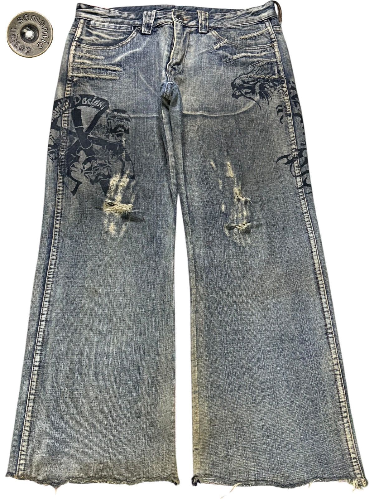 Vintage Semantic Design Mud Wash Dragon Distress Flare Jeans