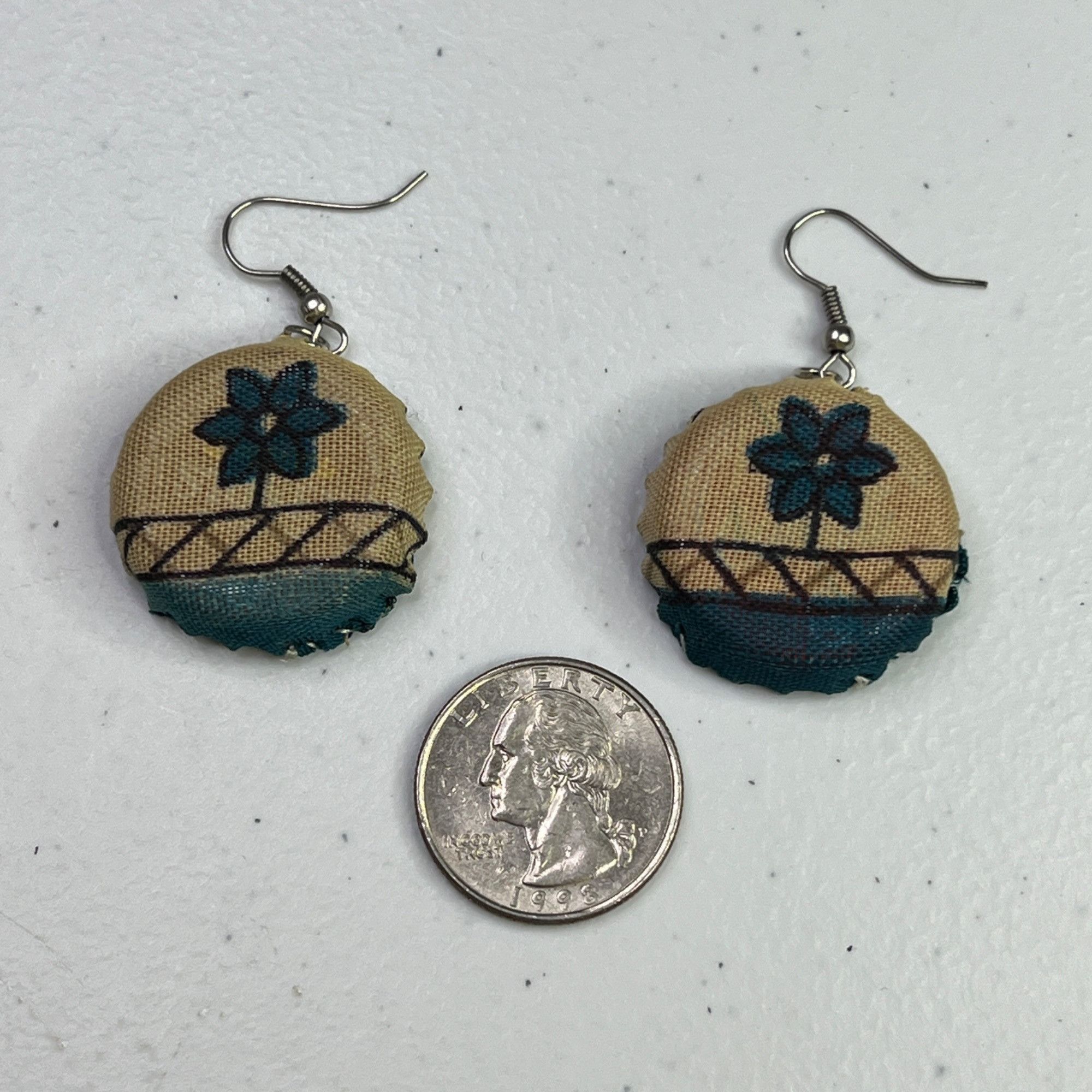 Vintage Handcrafted Round Fabric Earrings With Floral Pattern & Hook Size ONE SIZE - 4 Thumbnail