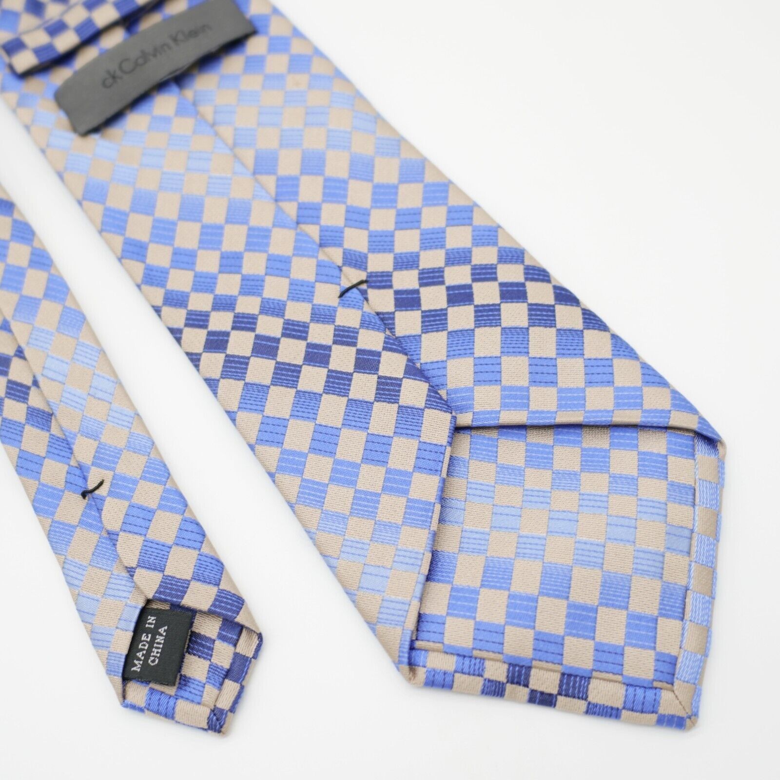 Calvin Klein Calvin Klein Blue Tan Woven Checkerboard Long Silk Tie Size ONE SIZE - 6 Thumbnail
