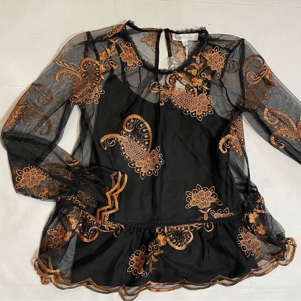 Other NWT New Fever Embroidered Mesh Long Sleeve Black Gold Top B Size XS / US 0-2 / IT 36-38 - 5 Thumbnail