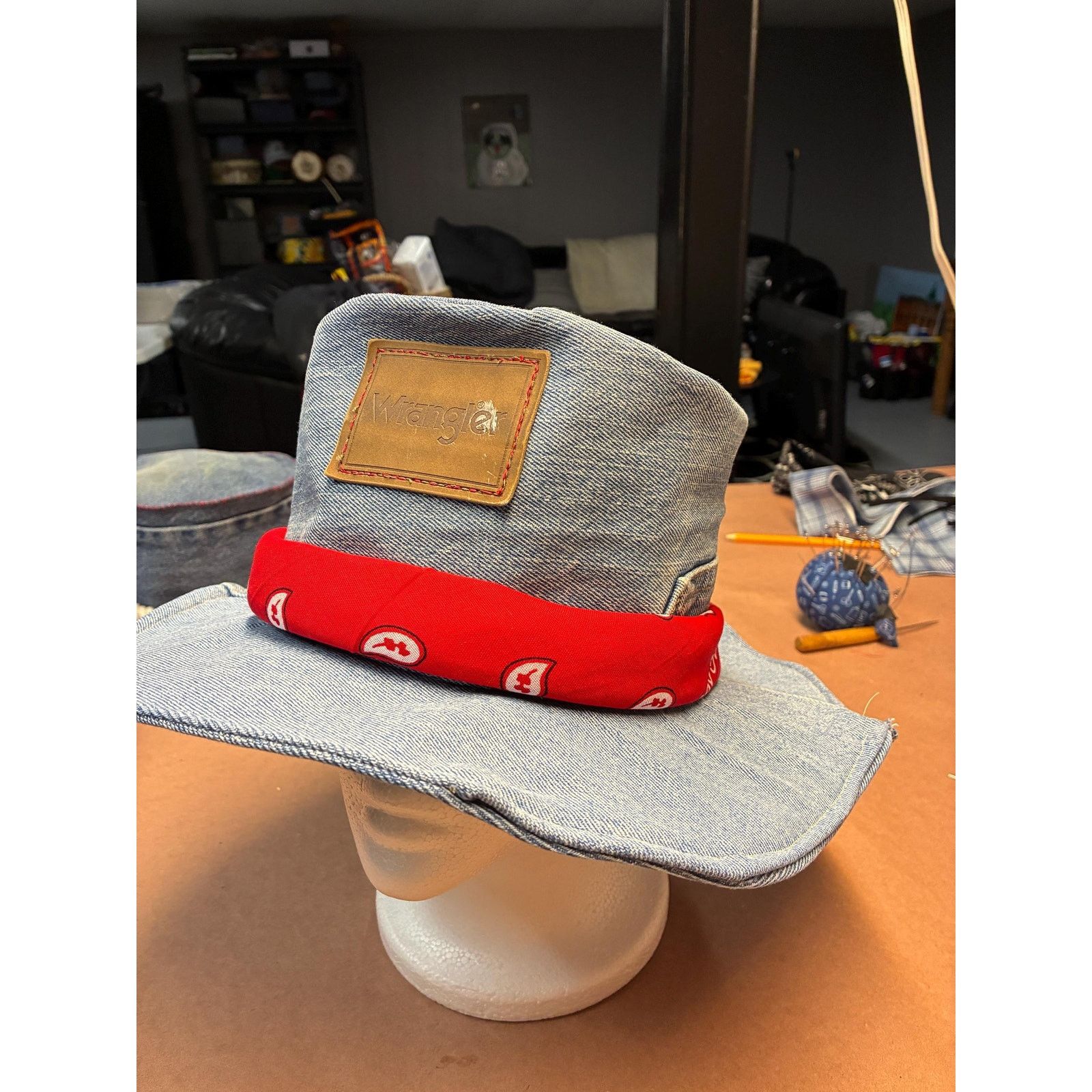 Other The Rodeo — Upcycled Denim Western Hat, Red Bandana Band, Size ONE SIZE - 8 Thumbnail