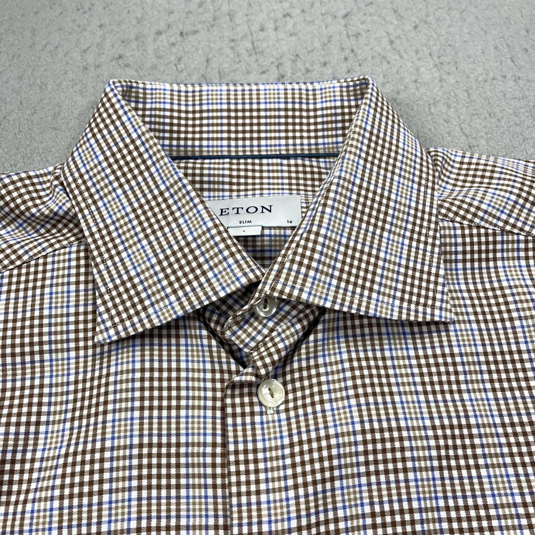 Eton Eton Shirt Mens 16 41 L Brown Blue Gingham Slim Cotton Button Down Dress Shirt Size 42R - 3 Thumbnail