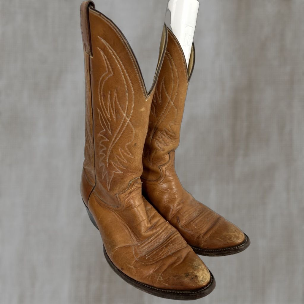 Justin Boots VINTAGE Justin Boots Mens 10 Brown Leather Cowboy Western Boots Pull-on Mid-Calf Pointed Toe USA Mens Size US 10 / EU 43 - 1 Thumbnail