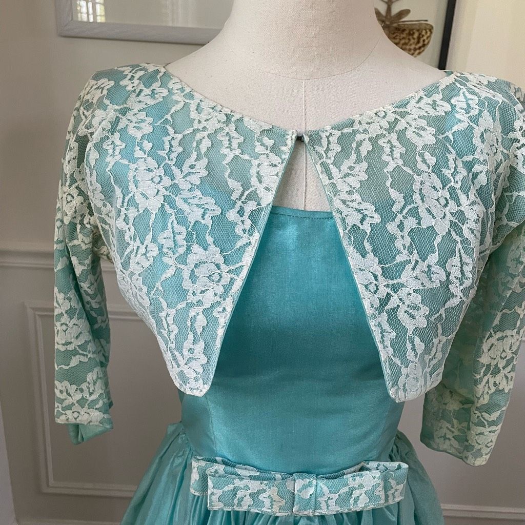 Vintage Vintage 60s Turquoise Blue Ivory Lace Fit & Flare Dress Shru Size XS / US 0-2 / IT 36-38 - 4 Thumbnail