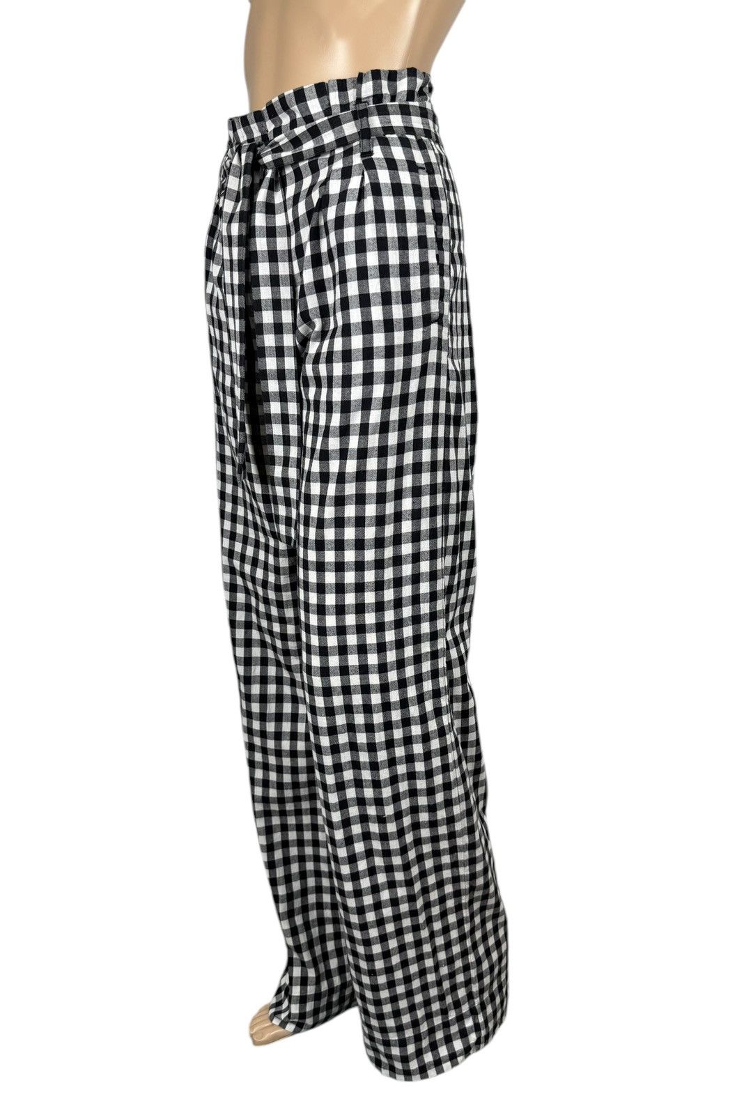 Sezane Plaid Pattern Cotton Pants Belted Wide Leg size 34