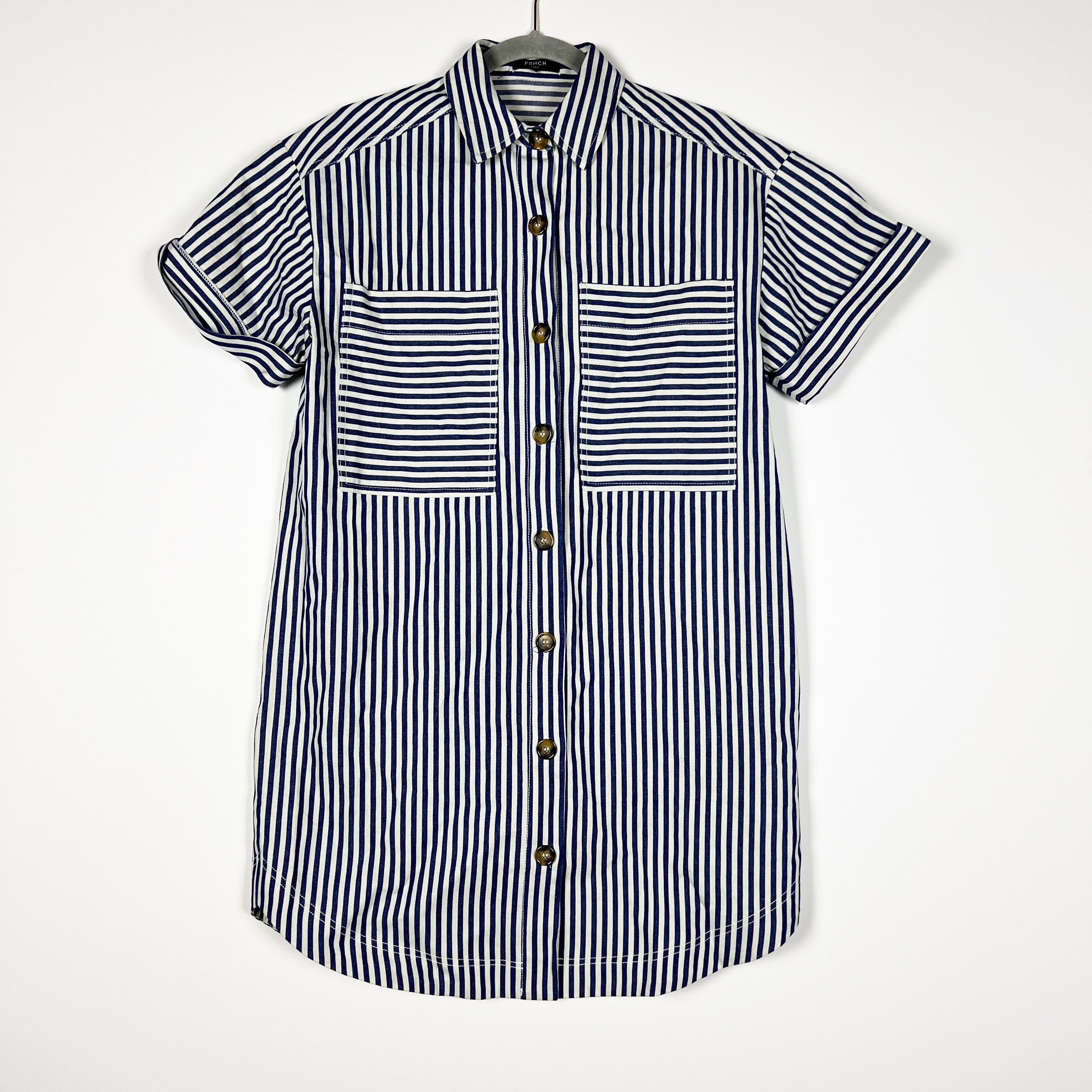 image of Frnch Cotton Blue White Striped Collared Pocket, Women's (Size Small)