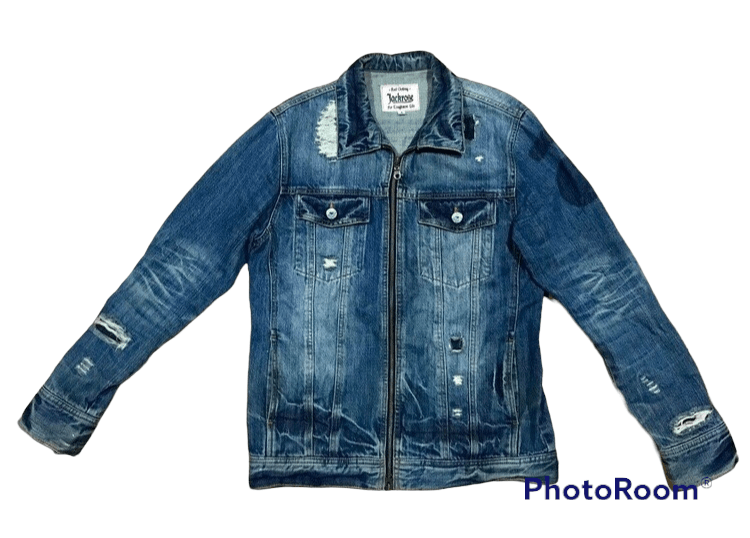 image of Denim Jacket x Distressed Denim Dopejackrose Distressed Patchwork Denim Zipper Jacket in Blue (Size