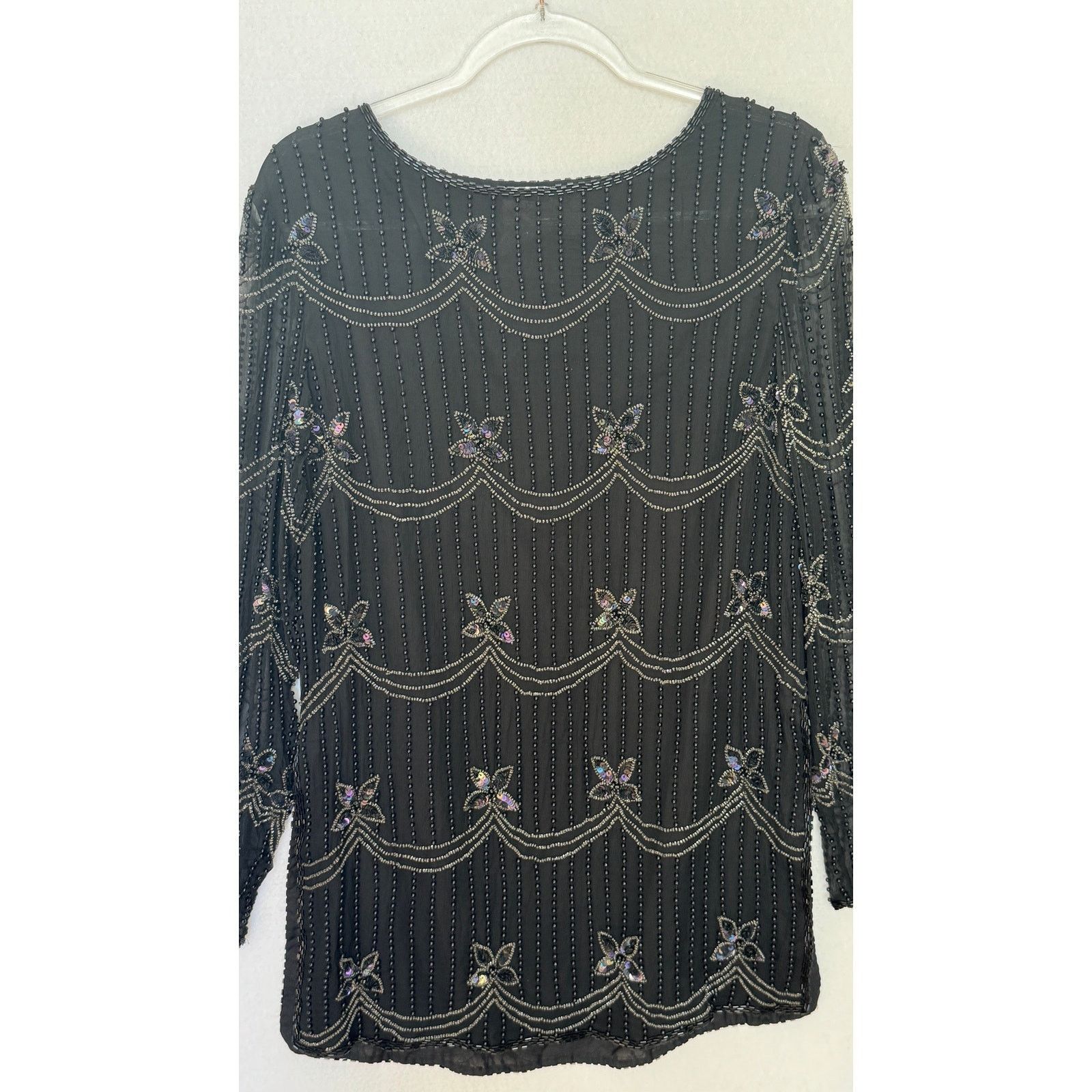 Vintage 1990s Papell Boutique Silk Beaded Sequin Top Black S/M Size S / US 4 / IT 40 - 11 Thumbnail