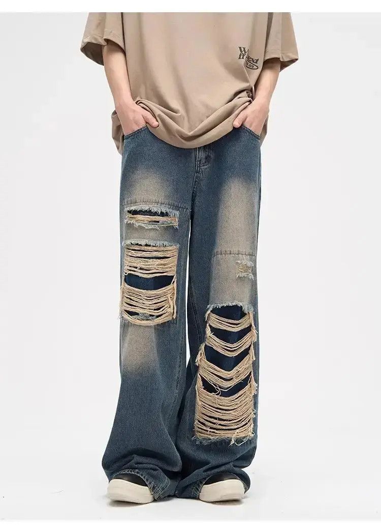 Japanese Brand Loose straight leg distressed jeans Size US 32 / EU 48 - 1 Thumbnail
