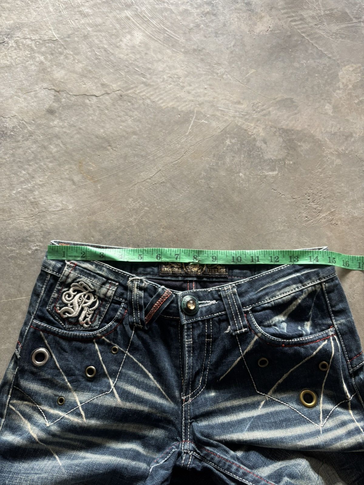 If Six Was Nine RIOBERA vintage flare jeans sick spellout back japanese punk Size US 29 - 21 Thumbnail