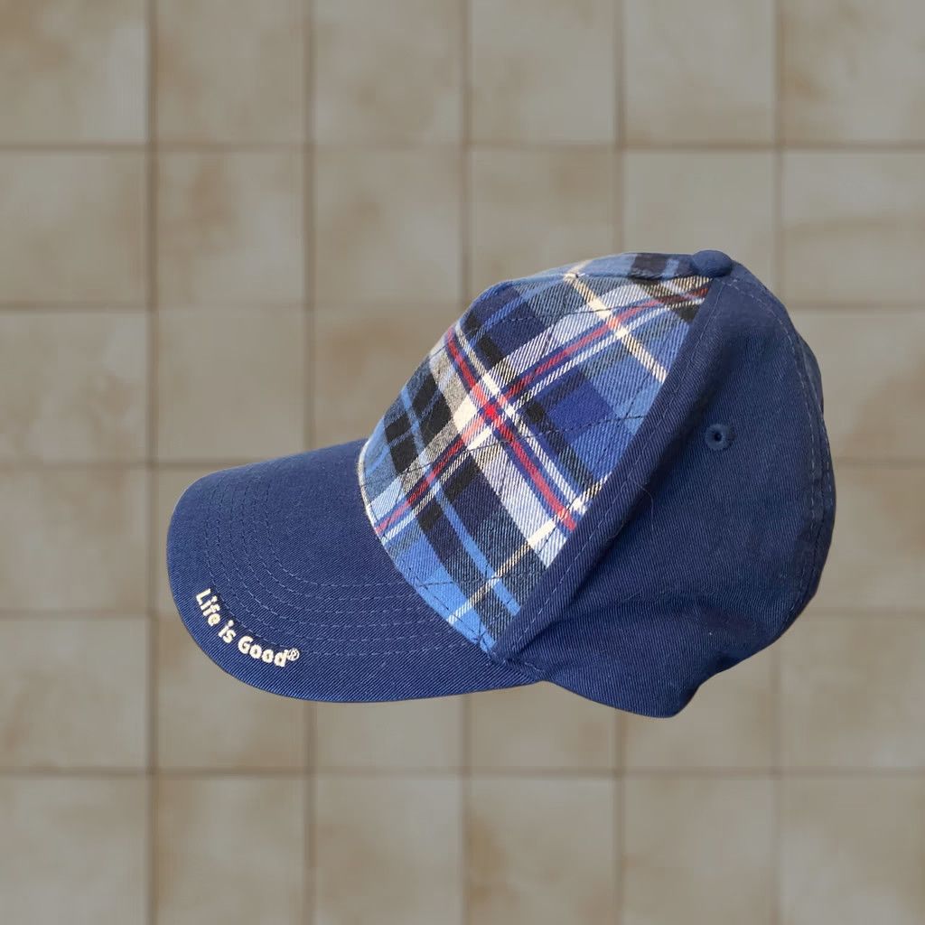 Life is Good Life is Good CAP WITH quilted plaid design STRAPBACK Blue Mens Adult Size Blue Pattern Plaid Baseball Cap EUC Size ONE SIZE - 1 Thumbnail