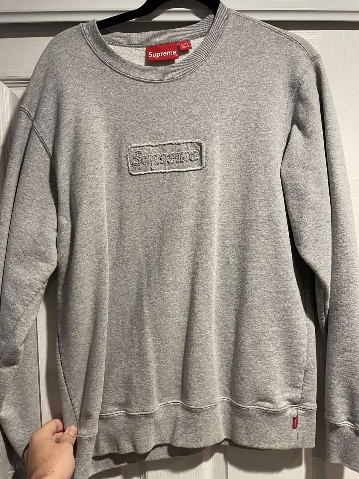 image of Supreme Cut Out Logo Crewneck in Grey, Men's (Size Medium)
