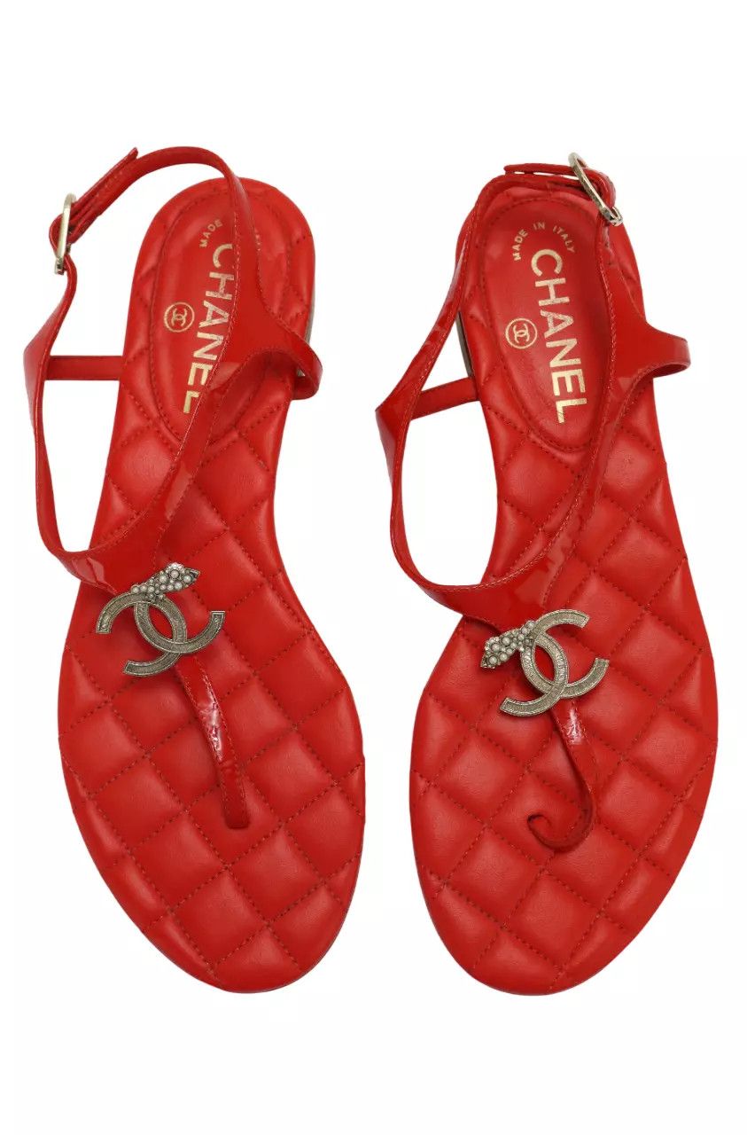 Chanel CHANEL Women's EU 38 Red Patent Leather Flip Flops Sandals Size US 8 / IT 38 - 2 Thumbnail