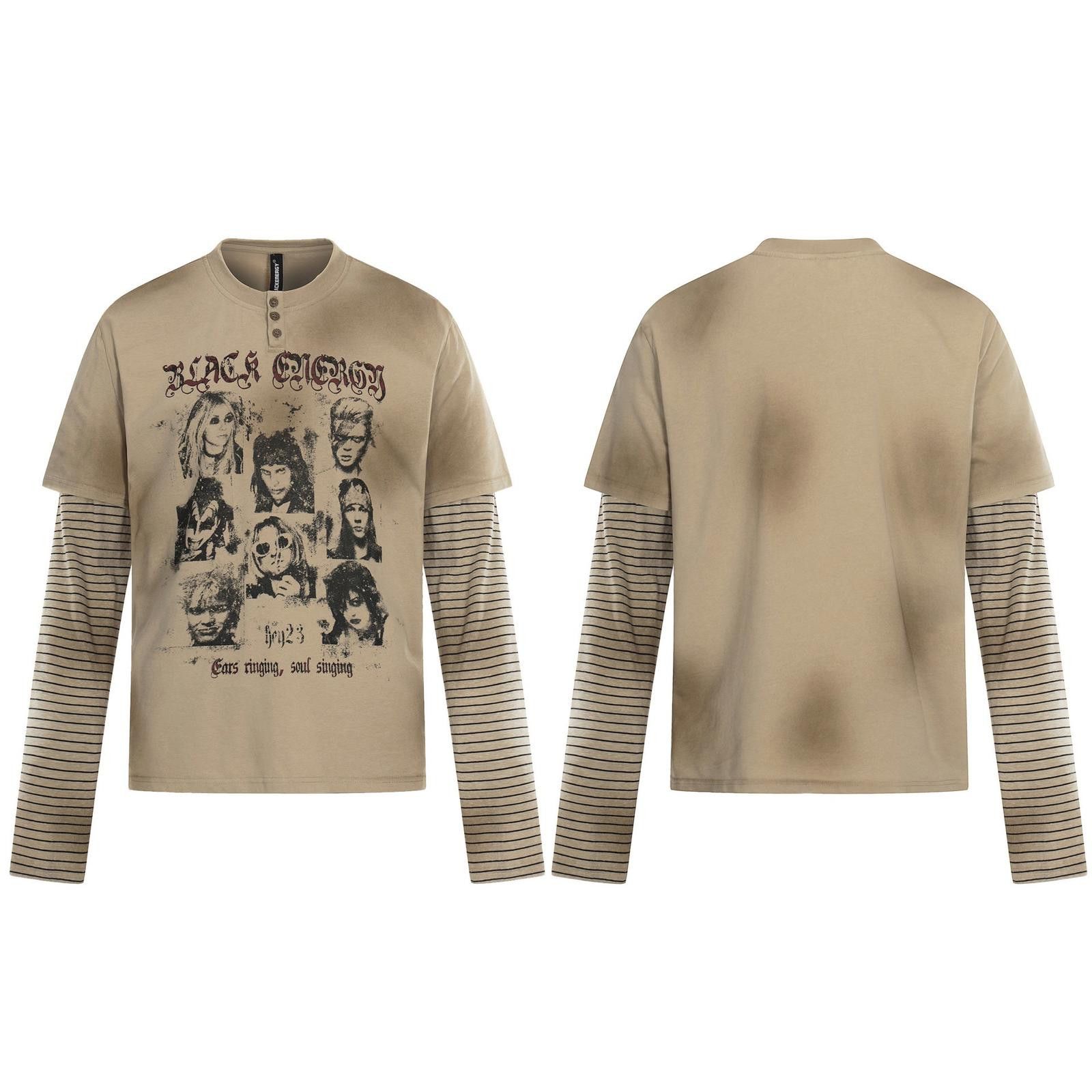 Japanese Brand Beige Layered Graphic Long Sleeve T-Shirt, Casual Fit Size US M / EU 48-50 / 2 - 5 Thumbnail